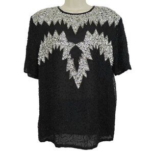 Midnight Run Plus Size 1X Black Silver Beaded Sequin Mesh Cutout Shirt Blouse
